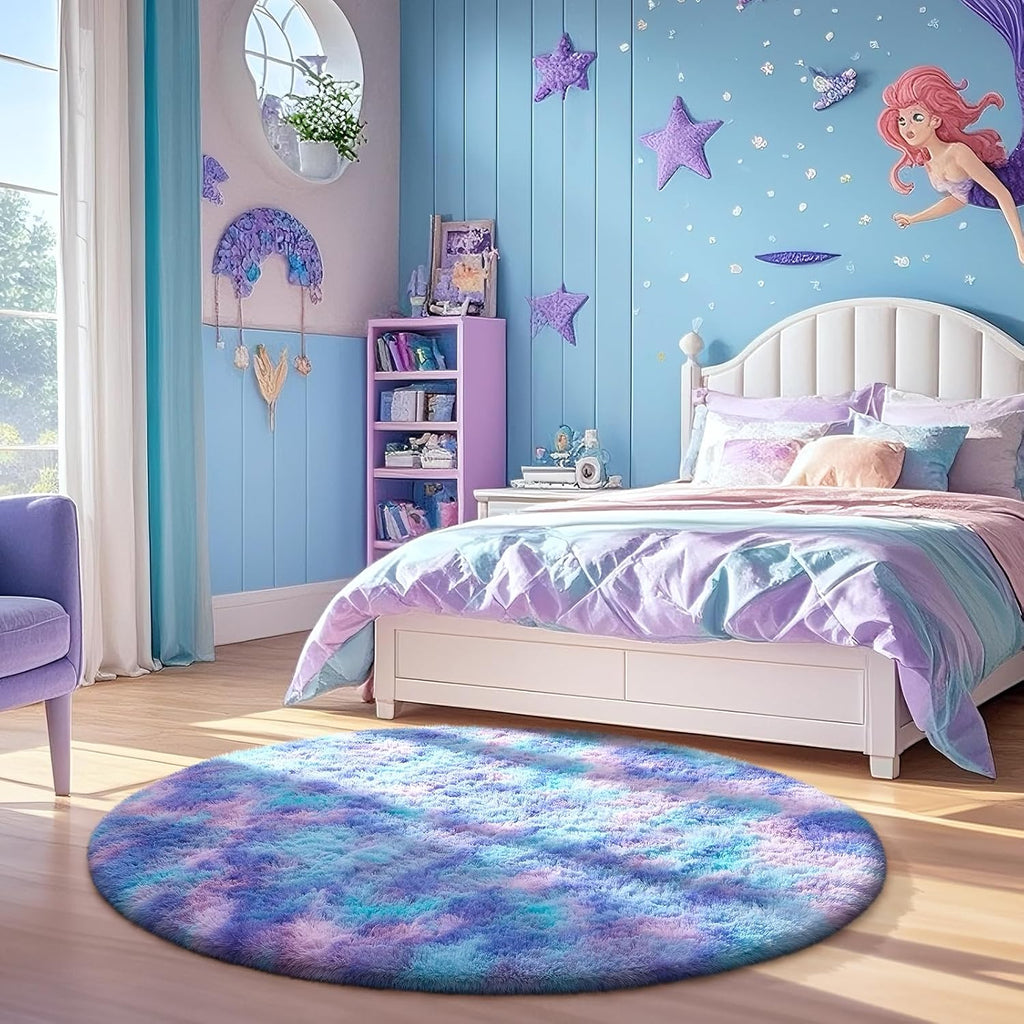 Ophanie Round Rug - 4Ft Tie-Dye Rainbow Purple Circle Area Rug | Plush Soft Shaggy Carpet for Kids' Rooms