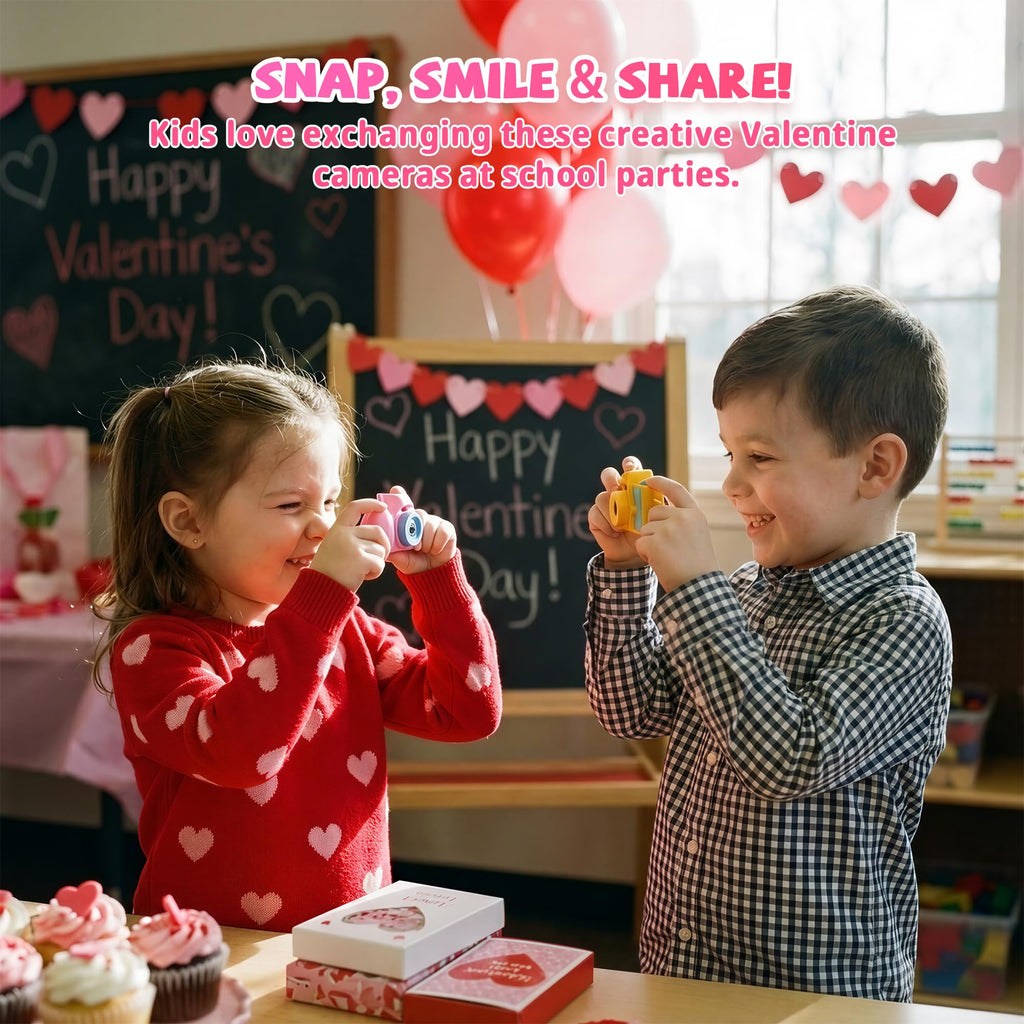 Valentines Day Cards for Kids School – 28 Pack Kids Viewfinder Toy Cameras with Greeting Cards, Classroom Exchange Valentine Gifts for Boys and Girls, Cards + Toys Bulk Set for School Valentine Party