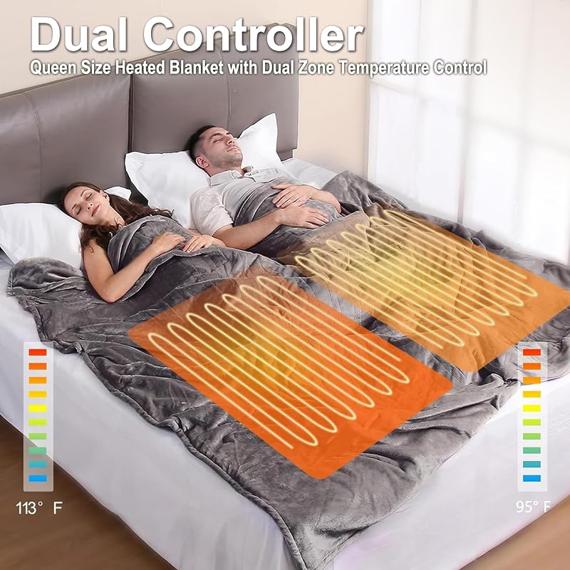 Queen Heated Blanket 84x90 with Dual Controls, Soft Flannel 3 Heat Settings - Camel Grey