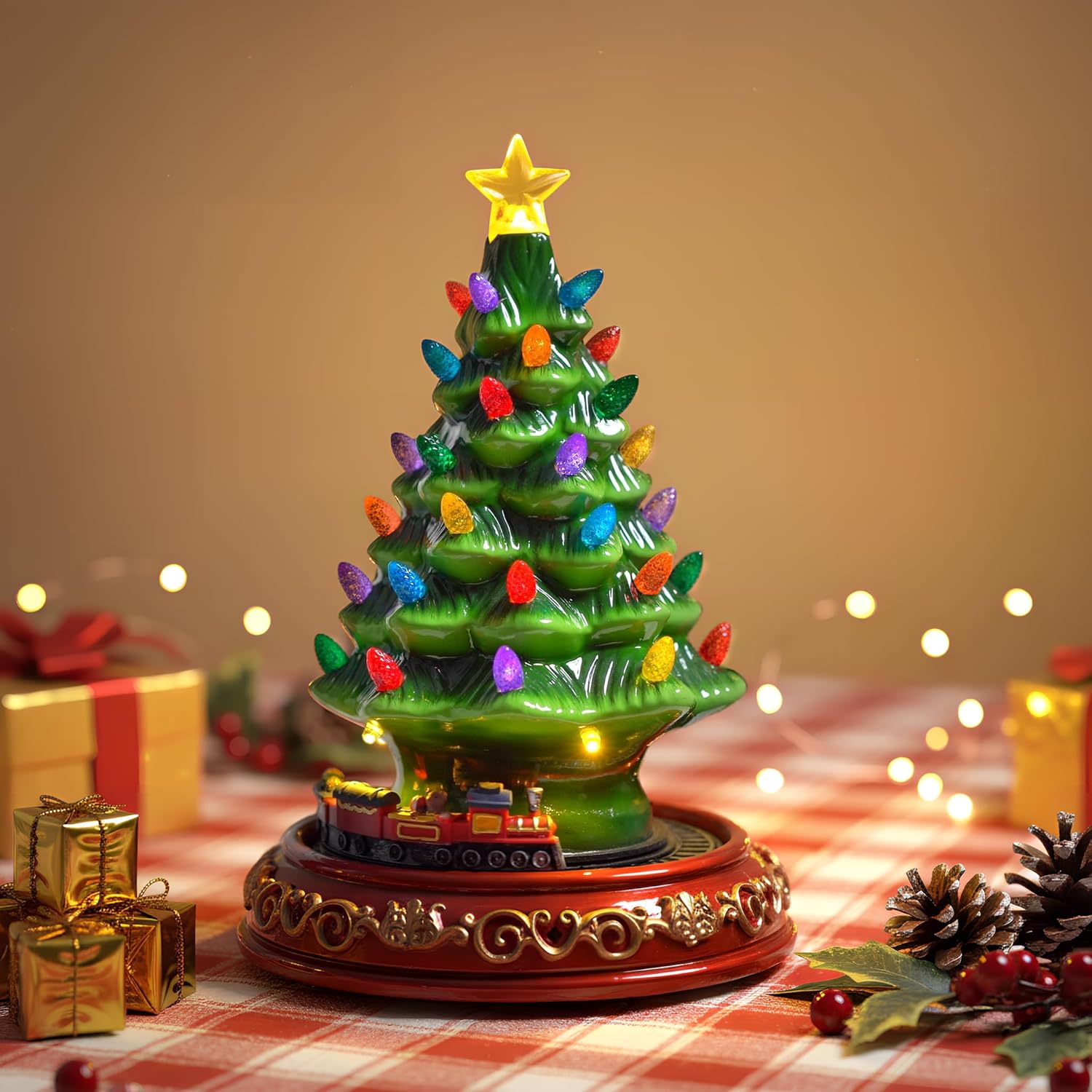 VISFLAIR Ceramic Christmas Tree - Musical Decoration with Rotating Train & 38 Multicolored Lights | Perfect Holiday Tabletop Gift