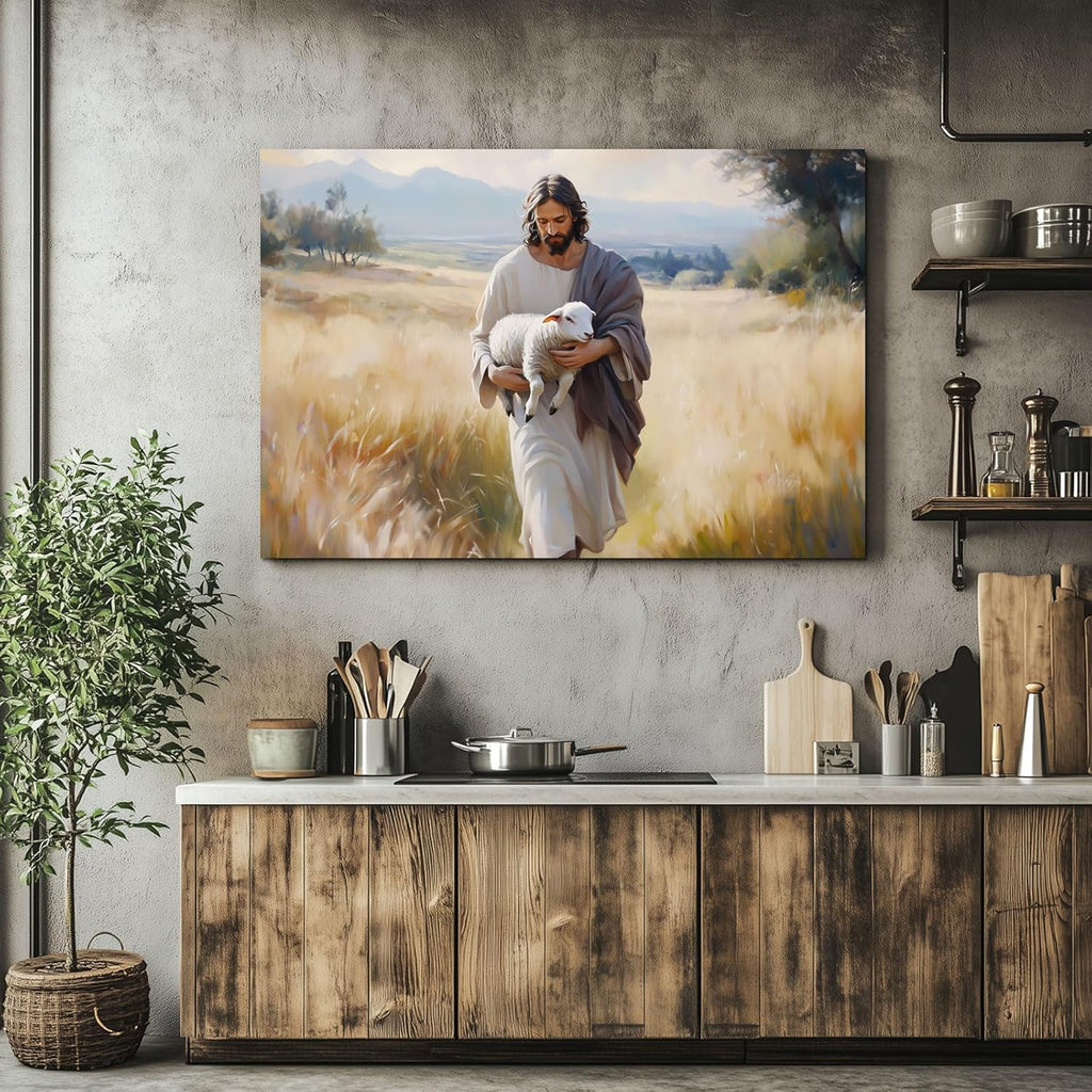 Wewejia Jesus and Lamb Canvas Wall Art - Large 46x32 Inch Religious Faith Print for Home Decor
