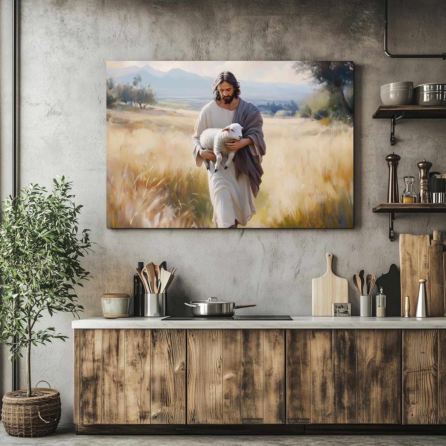 Wewejia Jesus and Lamb Canvas Wall Art - Large 46x32 Inch Religious Faith Print for Home Decor