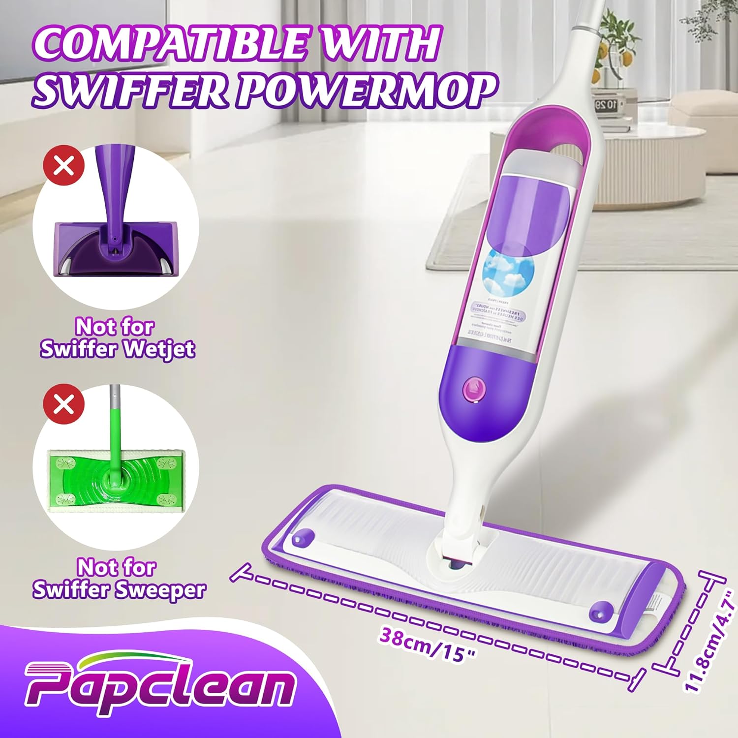 Papclean Mop Pads for Swiffer PowerMop - 9 Reusable Microfiber Cloths for Multi-Surface Cleaning