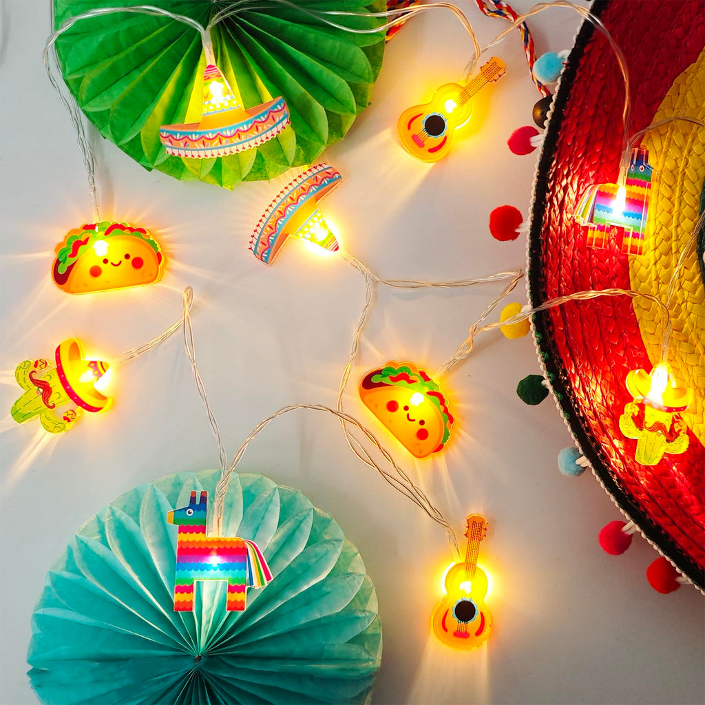 Cinco De Mayo Decorations Mexican Fiesta Theme Party String Lights, Fairy 10Led Battery Operated with Timer, Piñata Guitar Taco Sombrero Hat Cactus with Maracas Shaped Birthday Decor Tree Ornaments
