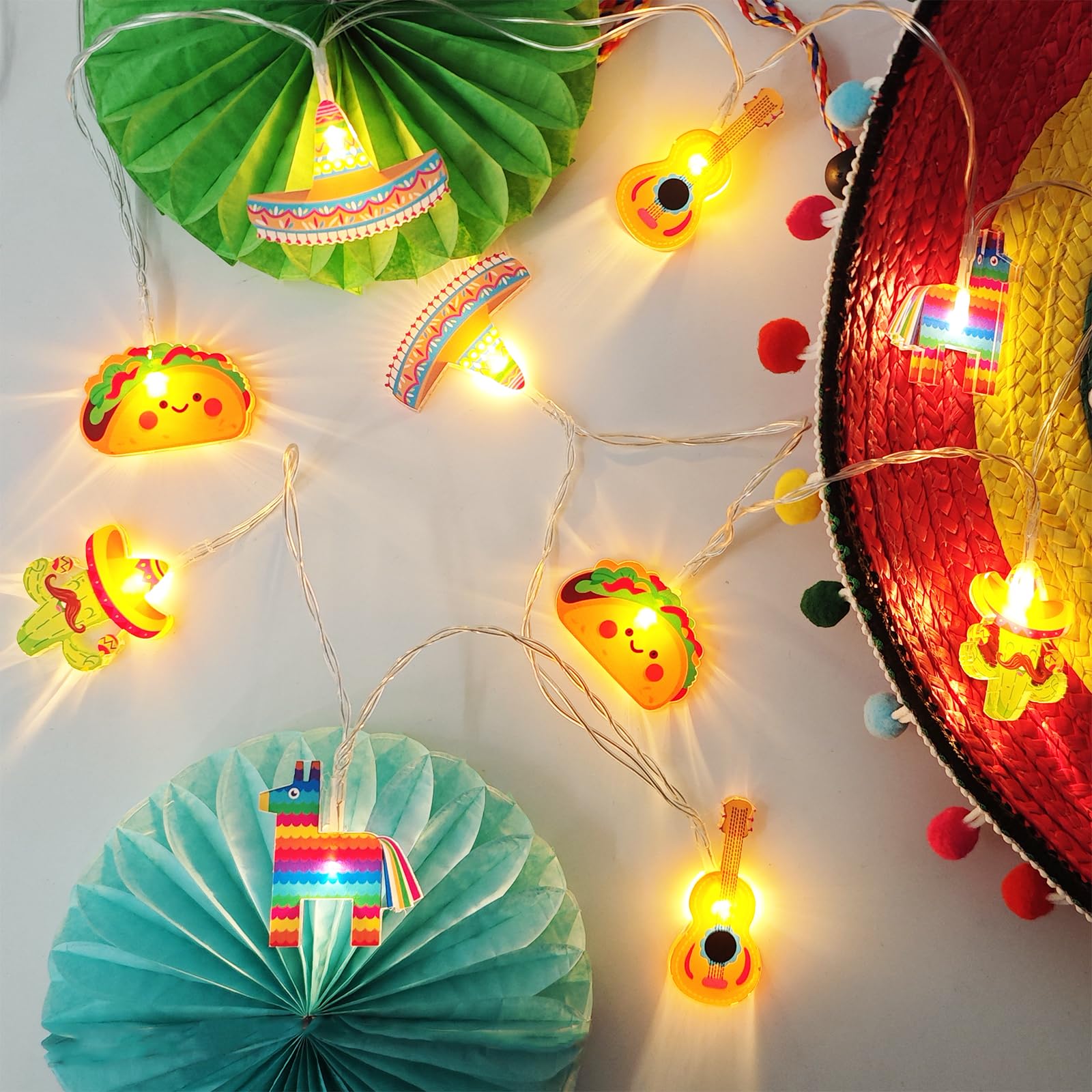 Cinco De Mayo Decorations Mexican Fiesta Theme Party String Lights, Fairy 10Led Battery Operated with Timer, Piñata Guitar Taco Sombrero Hat Cactus with Maracas Shaped Birthday Decor Tree Ornaments
