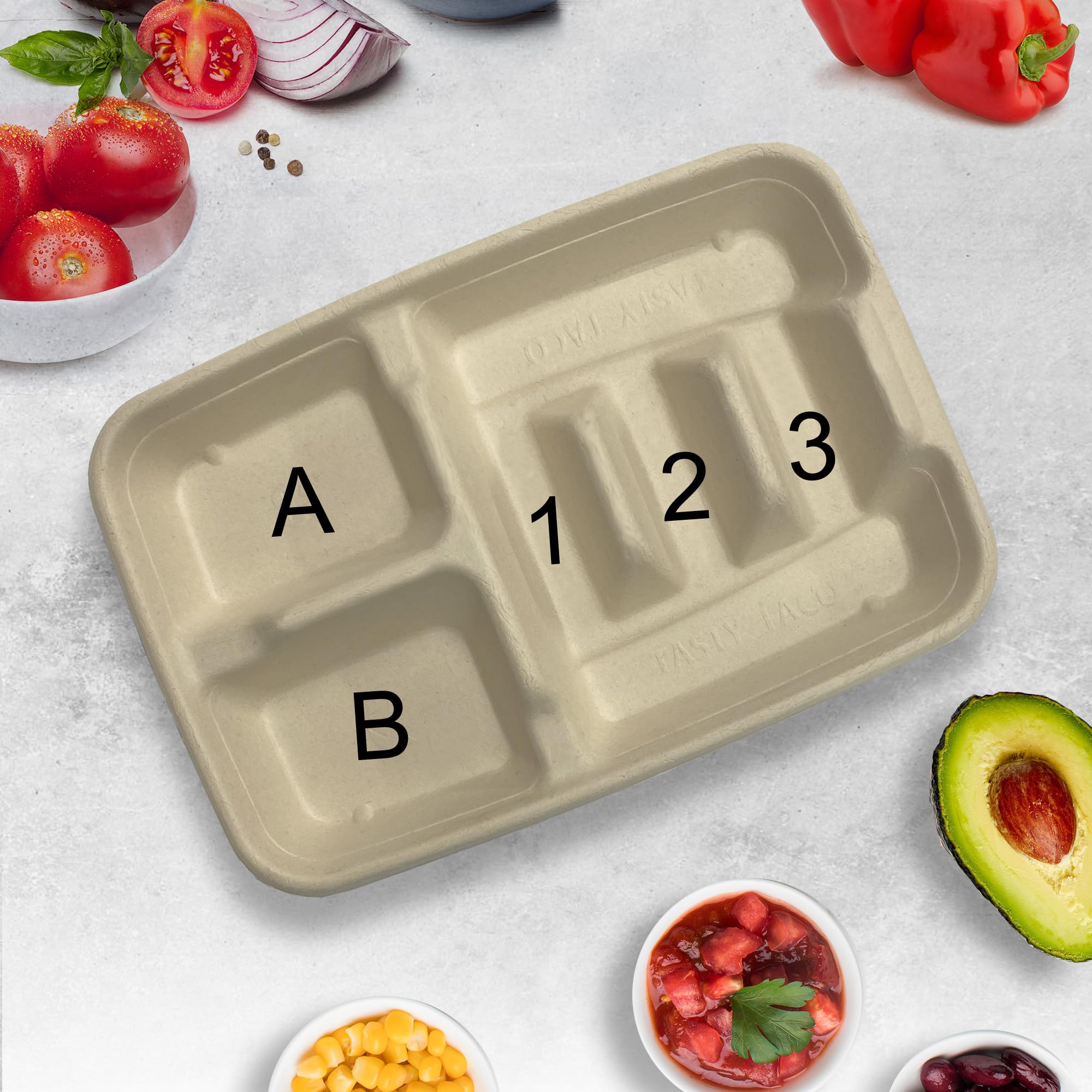 3-Tacos & 2-Sides Taco Plates, Disposable Paper Plates with Dividers – 50 PACK | Taco Tray for Party, Fiesta Taco Holder, Taco Stand for Taco Tuesday & Taco Bar, Microwave-Safe Taco Plates (50 Plates)