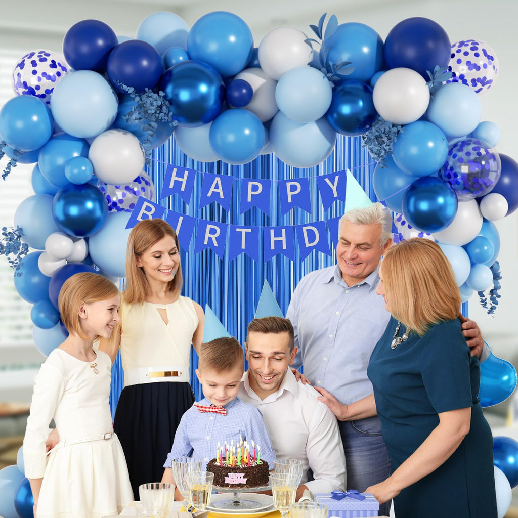 Blue Birthday Decorations for Women Men with Metallic Pastel Navy Blue Confetti White Foil Balloons Fringe Curtain Banner for 1st 15th 16th 18th 21st 25th Men Birthday Decorations