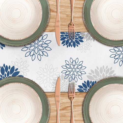 Dahlia Flower Table Runner 13x71 Inch Farmhouse Blue Gray Runners Modern Table Decorations Rustic Geometric Coffee Table Runner for Home Kitchen Dining Room Party (13"x71", Dahlia Floral-Blue)