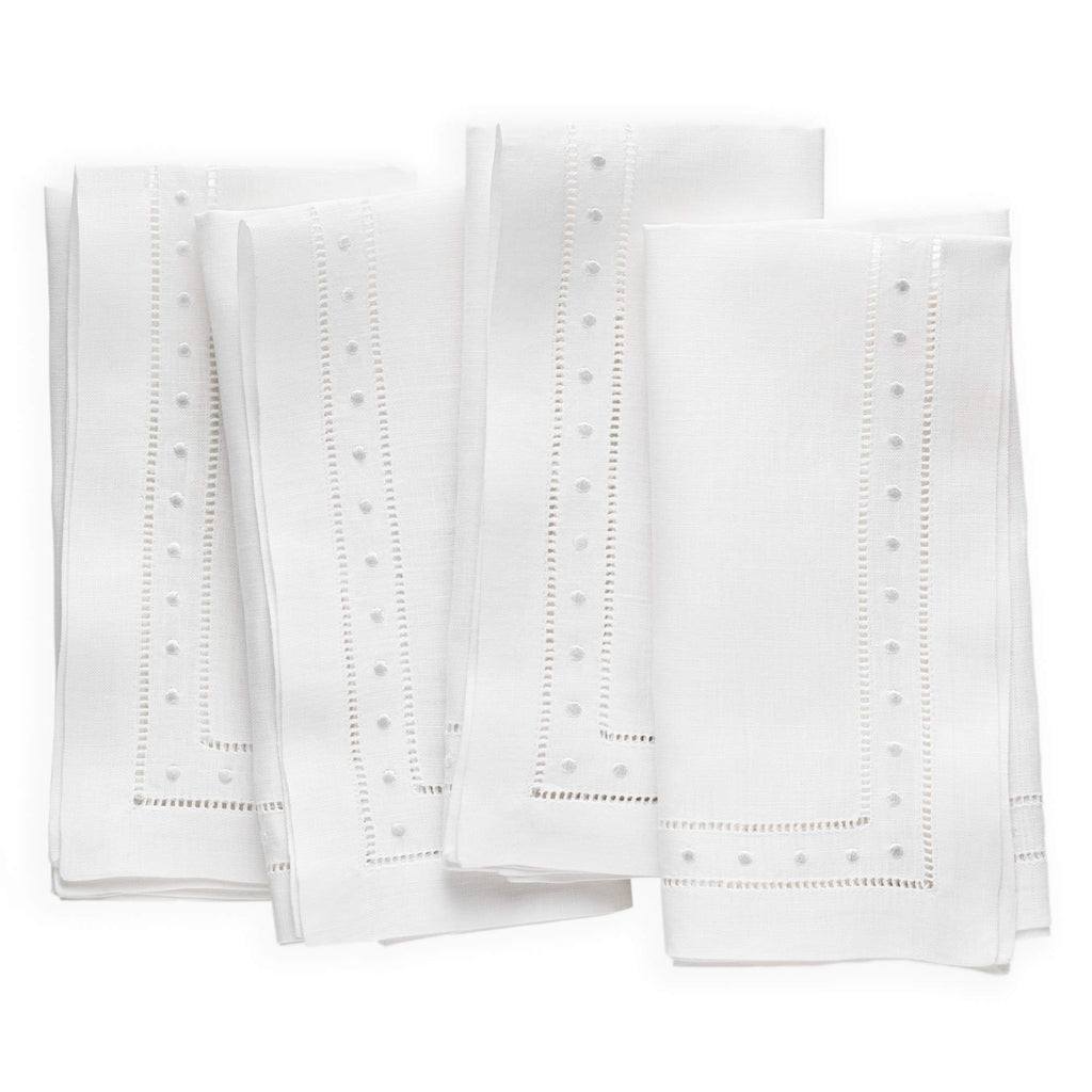 Linen Napkins Set of 4-100% Flax Linen White Dinner Napkins with Embroidered Dot 18 x 18 inch - Hemstitch Cloth Napkins Washable for Summer, Father's Day, 4th of July and Wedding