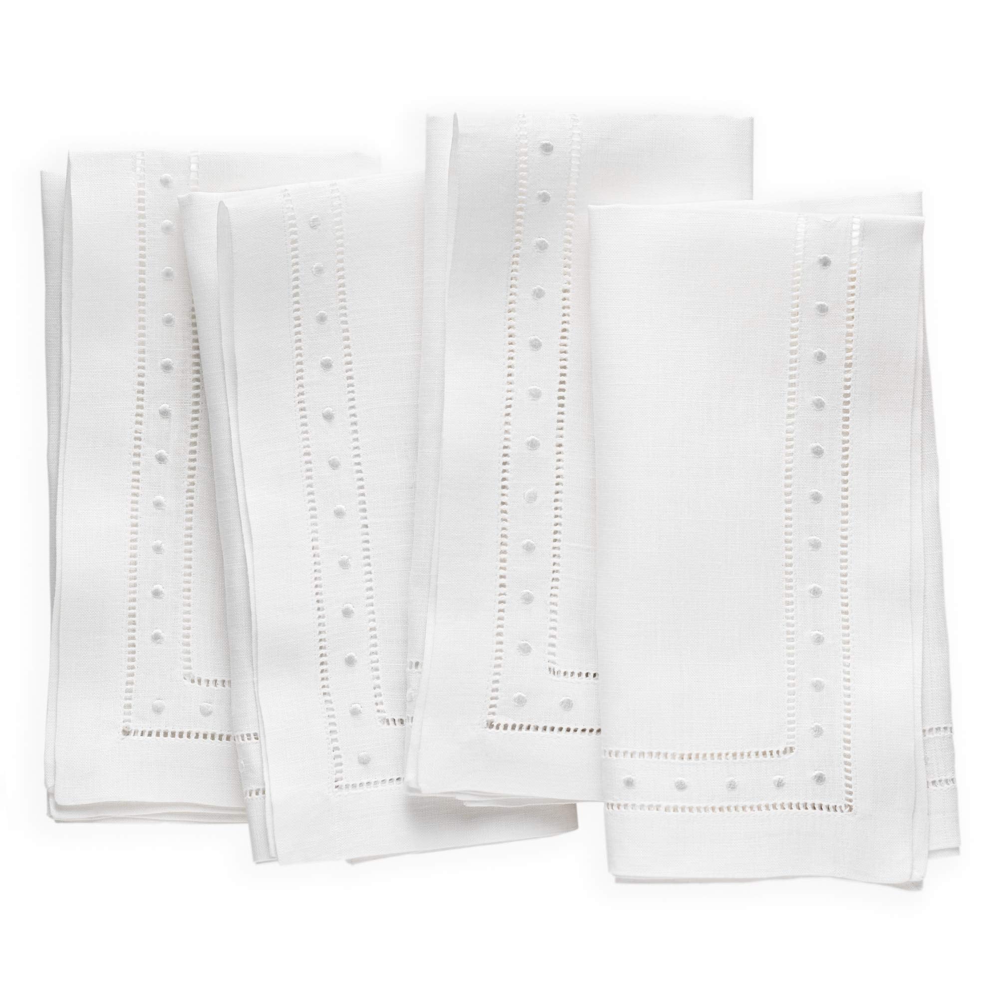 Linen Napkins Set of 4-100% Flax Linen White Dinner Napkins with Embroidered Dot 18 x 18 inch - Hemstitch Cloth Napkins Washable for Summer, Father's Day, 4th of July and Wedding