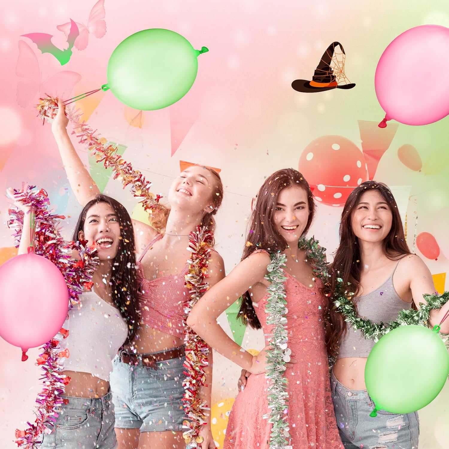 Skiennix Punch Balloons - 24 Pcs Pink & Green Bounce Balloons with Rubber Band Handles for Parties