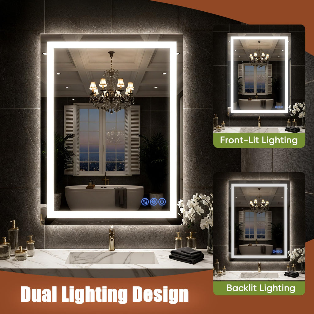 Bimno LED Bathroom Mirror with Lights 24"x32", Wall-Mounted Vanity Mirrors Front & Backlit Light Control Stepless Dimmable Anti-Fog Memory 3 Color Temperatures Shatter-Proof Tempered Glass