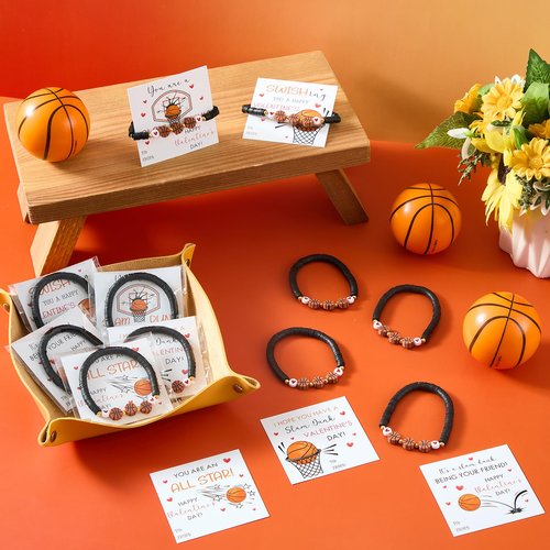 Hinly 36 Set Valentine's Day Basketball Gift for Team Basketball Bead Bracelets with Valentine's Day Cards Novelty Exchange Gifts Sports Party Favors for Team Lovers Players