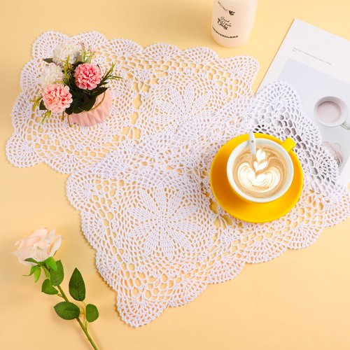 2 PCS Dollies for Tables Handmade Cotton Crochet Doilies White Table Mats Rectangle Lace Placemats Dresser Scarves 17.7×11.8 Inch