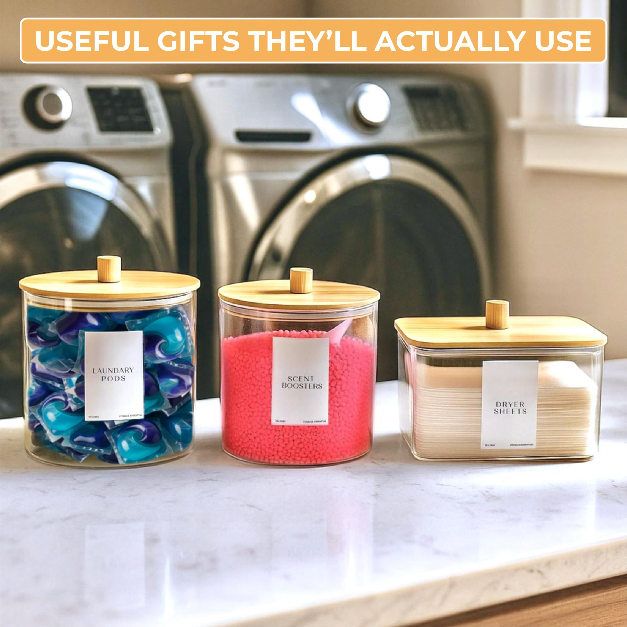 Just Peachy Home Laundry Pods Containers for Organizing Dryer Sheet Holder & Laundry Jars with Lids, Labels & Scoops - Acrylic Laundry Storage Containers for Powder, Pods, Detergent, Scent Booster