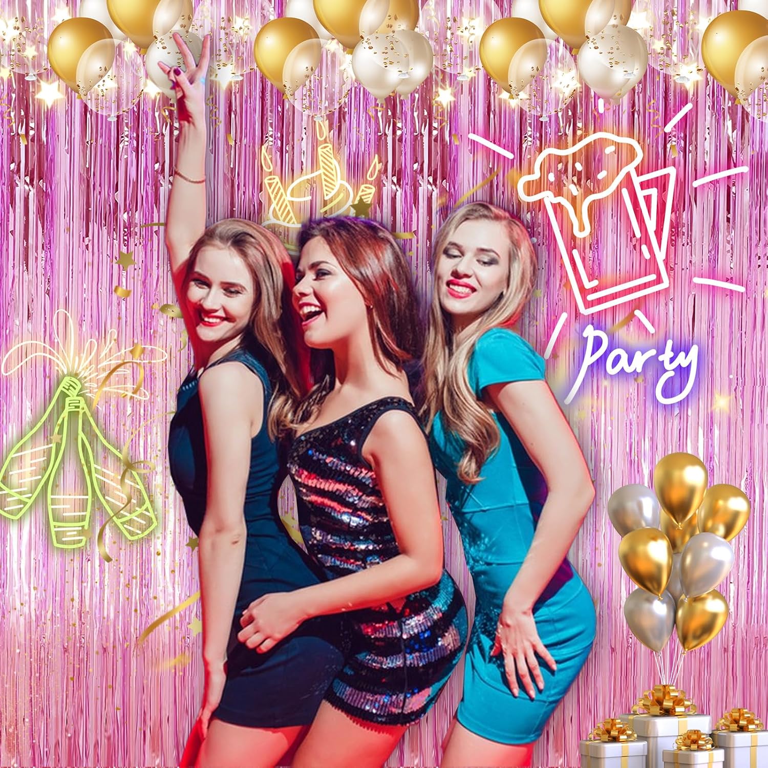 Pink Tinsel Curtain Backdrop by [Brand Name] - 2 Pack Metallic Foil Fringe for Parties & Events | 3.28 ft x 6.56 ft