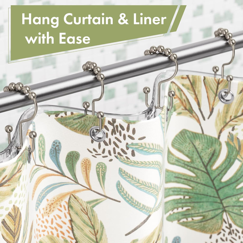 Amazer Shower Curtain Hooks - 12PCS Rust-Resistant Metal Double Rings for Easy Curtain Rolling | Nickel Finish