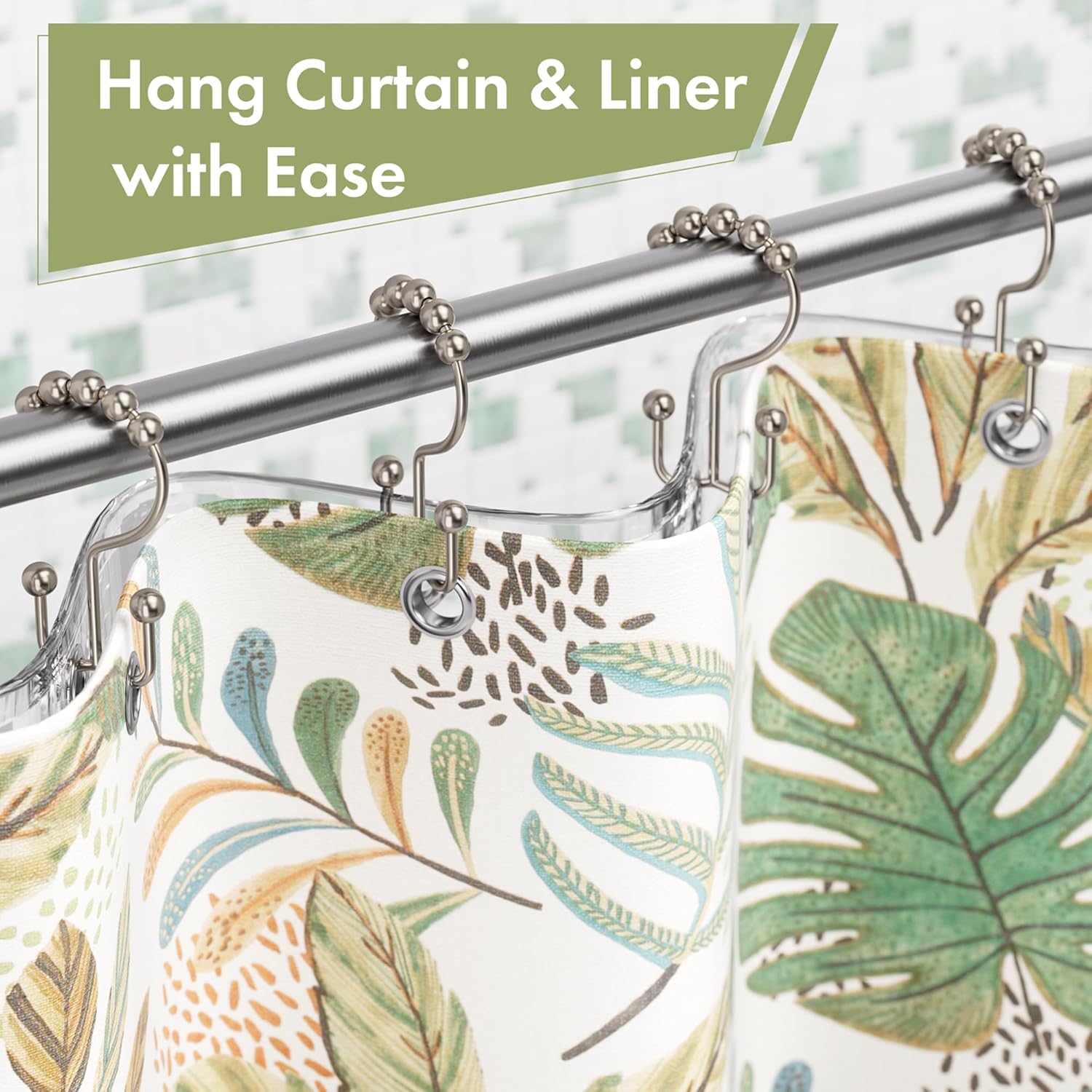 Amazer Shower Curtain Hooks - 12PCS Rust-Resistant Metal Double Rings for Easy Curtain Rolling | Nickel Finish