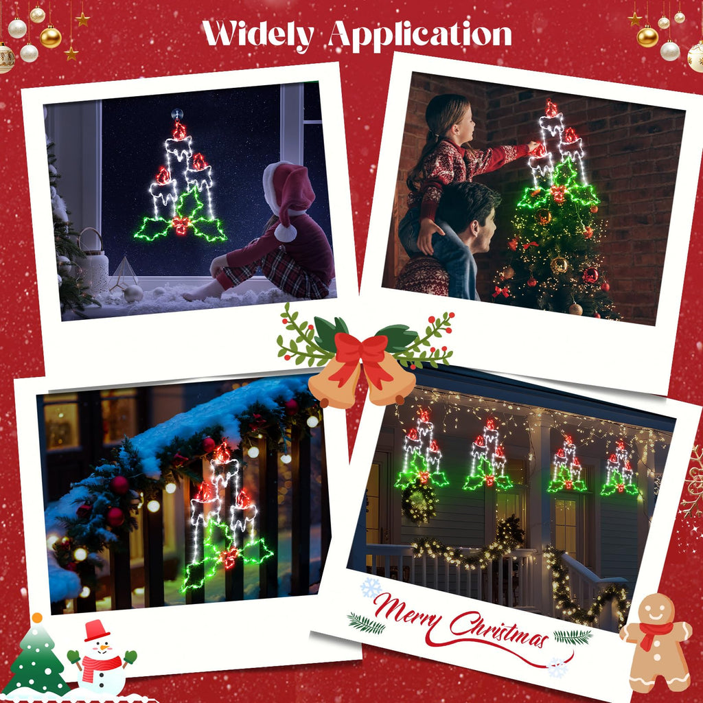 Enhon 15.8" Christmas Window Silhouette Light, Battery Operated Lighted Candles with Holly and Berry, 8 Modes Christmas Silhouette Light with Timer, for Xmas Holiday Indoor Outdoor Decor(1 Pack)