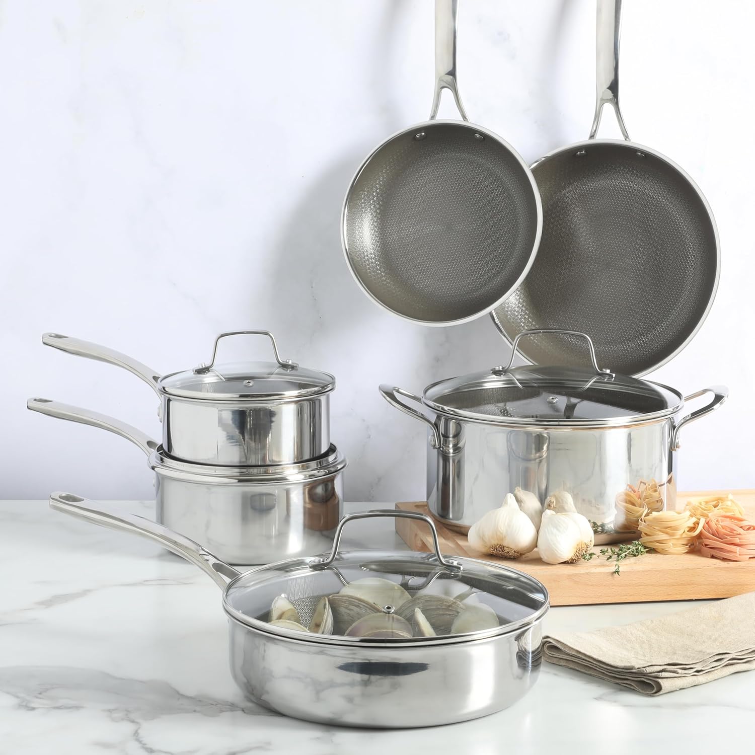 Martha Stewart Nonstick 10-Piece TriPly Stainless Steel Cookware Set - Non-Toxic & Dishwasher Safe