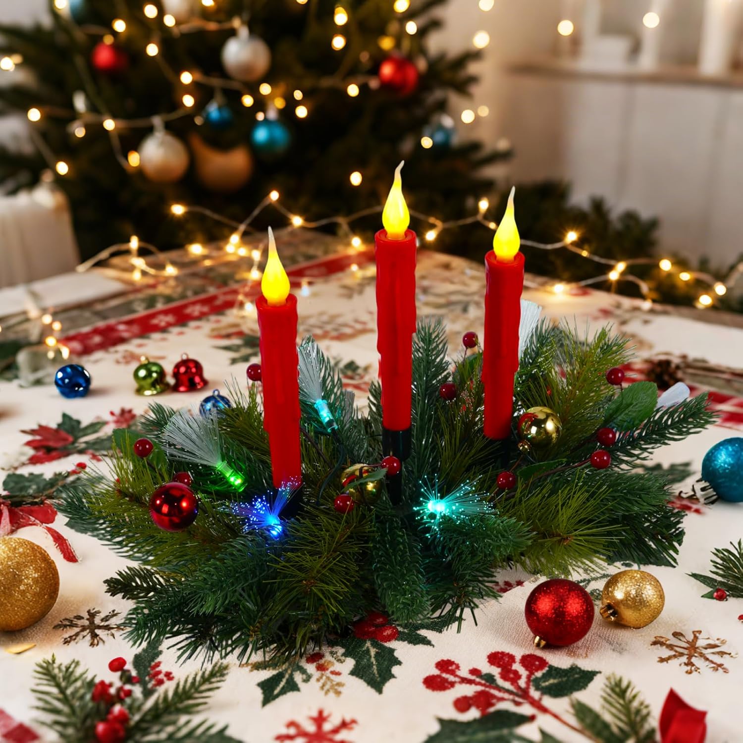 Aokudoni Christmas Table Centerpieces - Artificial Pine Branches, Berries & Candles for Indoor Decor