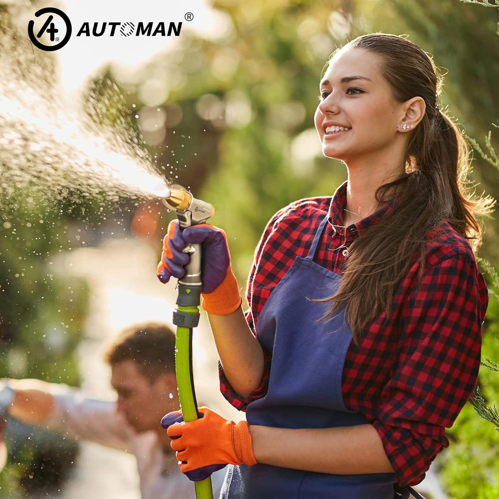 AUTOMAN Garden Hose Nozzle - Heavy Duty Metal Sprayer with 4 Patterns for Watering & Washing