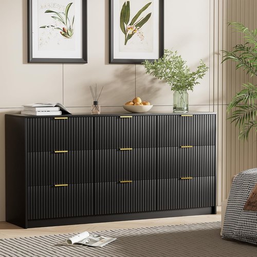 Furniway Black Dresser - Modern 9-Drawer Chest with Smooth Slides & Golden Handles | 63" W x 31.5" H