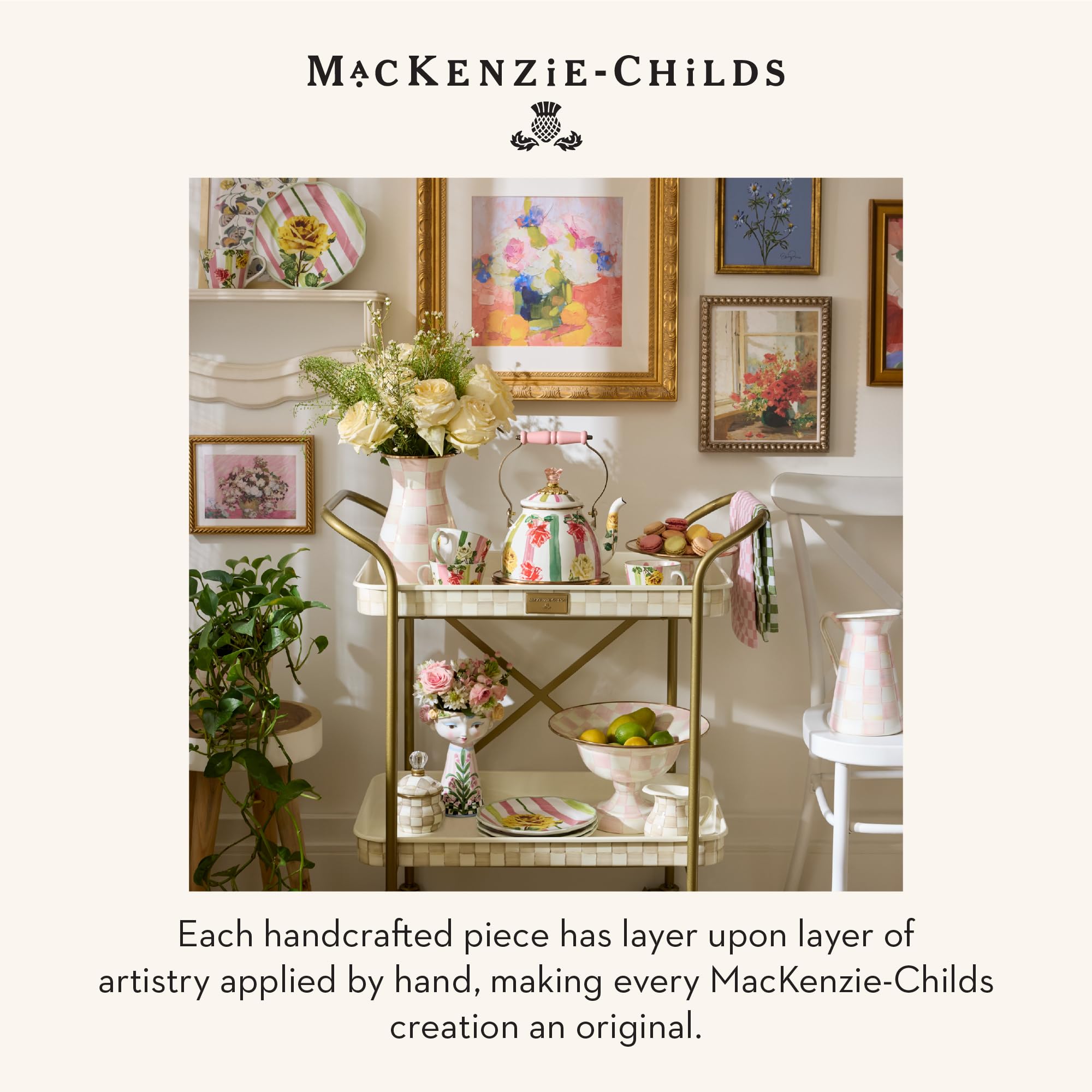 MACKENZIE-CHILDS Ceramic Vase, Unique Decorative Vase, Short, Rosy Meadow Lady