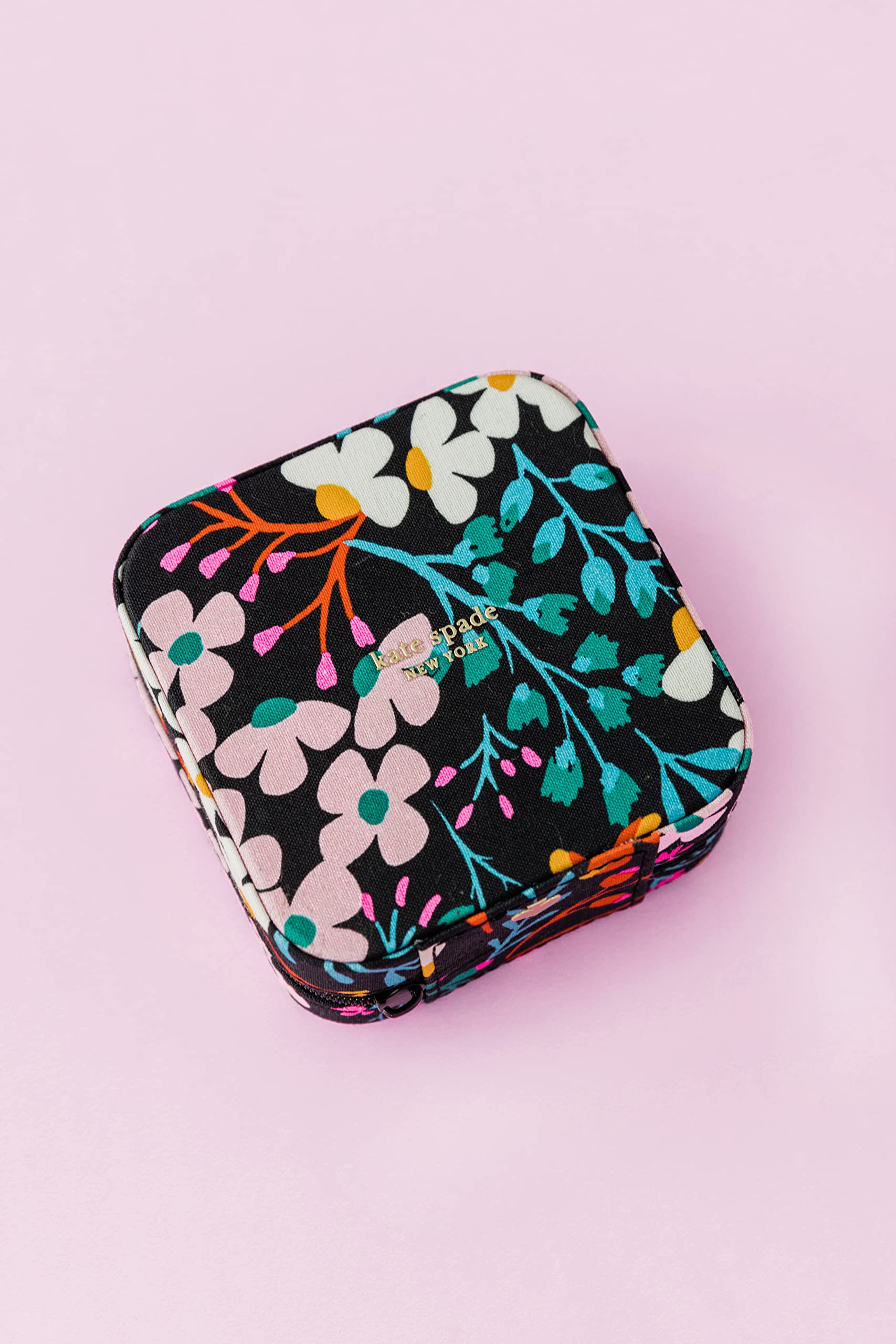 kate spade new york Small Travel Jewelry Case, Black Jewelry Box to Organize Rings, Necklaces, Earrings, Fall Floral