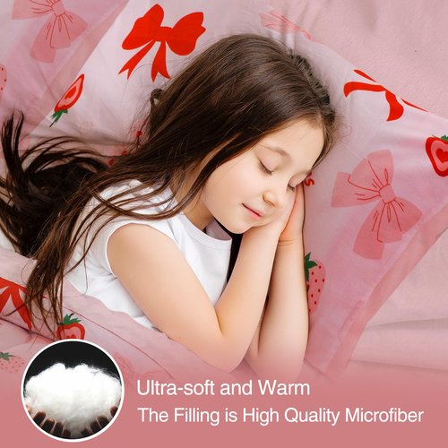 A Nice Night Red Bow Comforter Set,6 Piece Bed in a Bag Matching Sheet Set,Cute Ribbon Bowknot Bedding Sets,Princess Style Strawberry Printed,Light Pink Room Decor for Girls,Twin