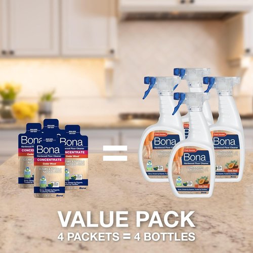 Bona Hardwood Floor Cleaner Concentrate - Cedar Wood Scent | 1 fl oz (Pack of 4) - Residue-Free Spray Mop Refill