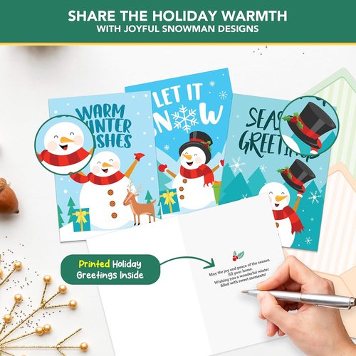 Decorably 16 Pack Christmas Cards - 5x7in Snowman Designs with Envelopes & Stickers for Holiday Greetings