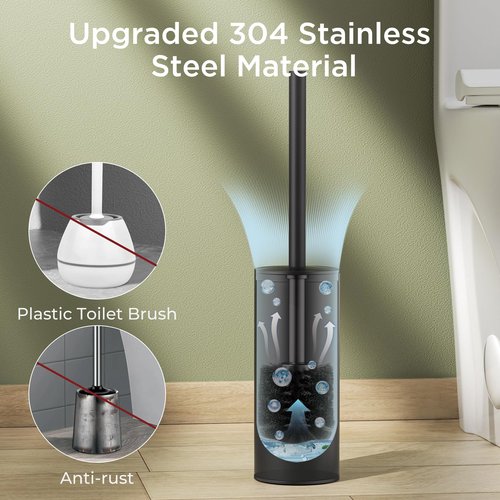 Toilet Brush and Holder Set, Toilet Bowl Brush with Heavy Duty 304 Stainless Steel Base and Extra Long Handle, Toilet Bowl Cleaners Brush for Bathroom (Matte Black)