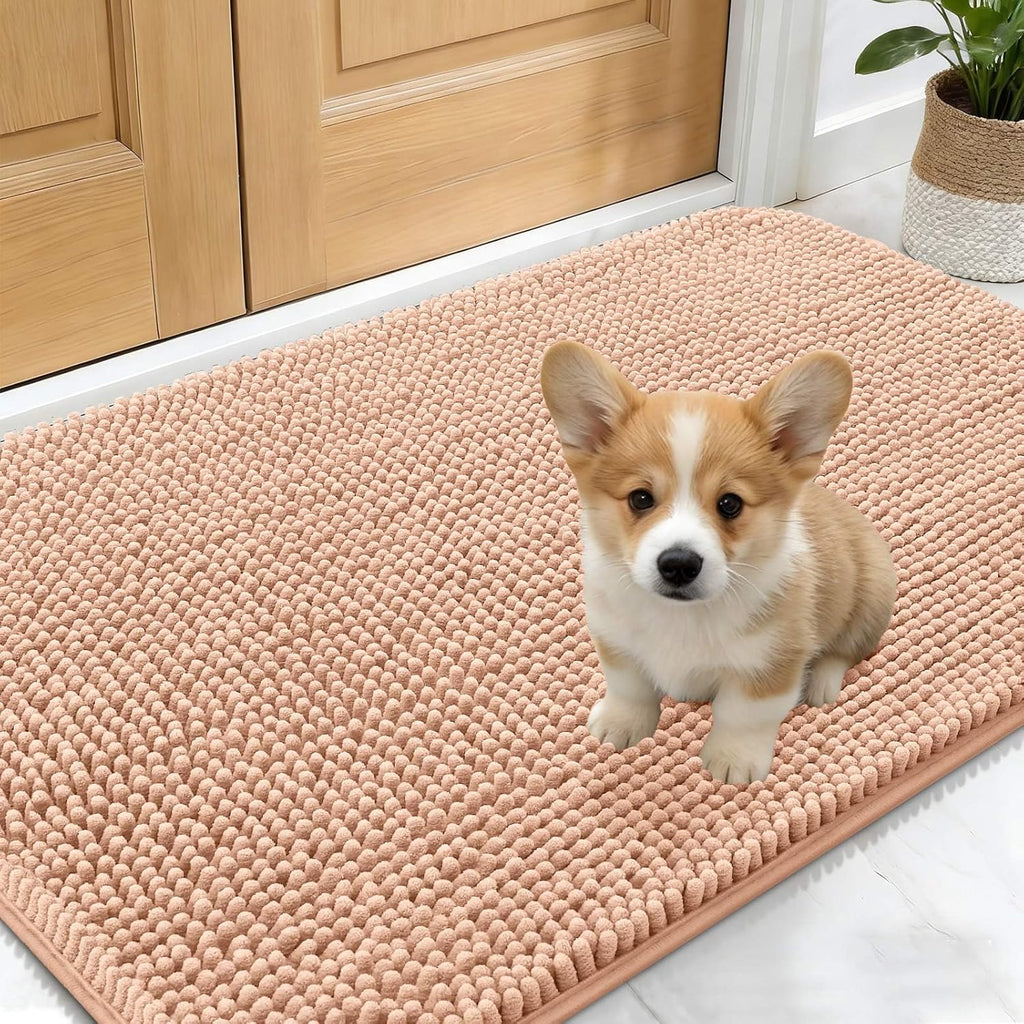 OLANLY Dog Door Mat - Absorbent Non-Slip Chenille Mat for Muddy Paws | 24x16 Peach Indoor Carpet