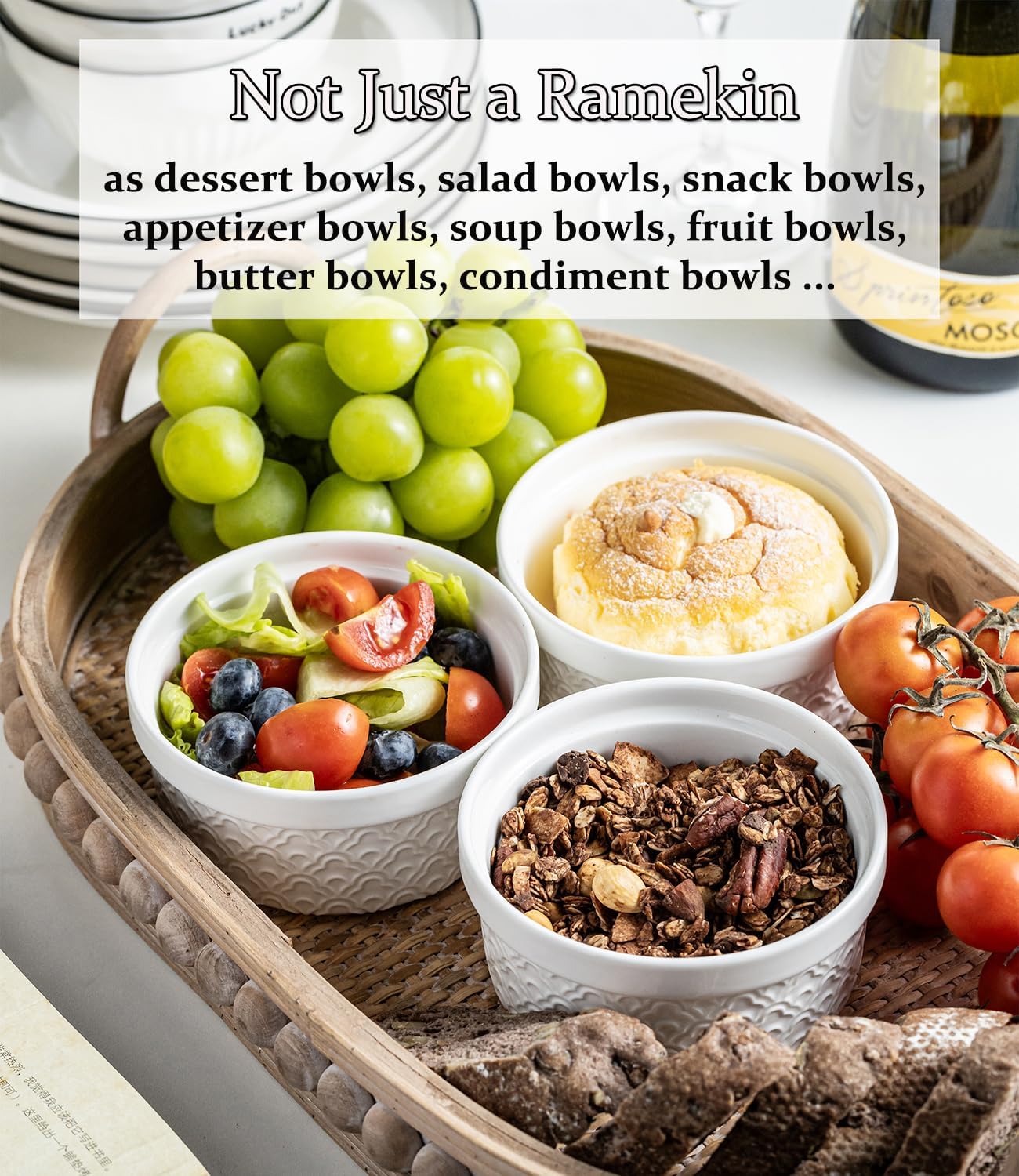 Skiennix Ceramic Baking Dishes - 12oz Meal Prep Containers with Lids | Set of 4 Grey Ripple Ramekins
