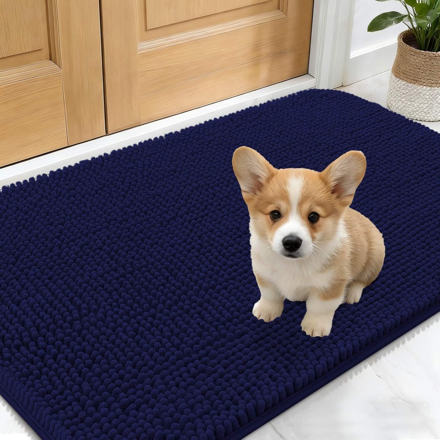 OLANLY Dog Door Mat - Absorbent Non-Slip Mud Mat for Indoor Use | Quick Dry Chenille, 30x17, Navy Blue