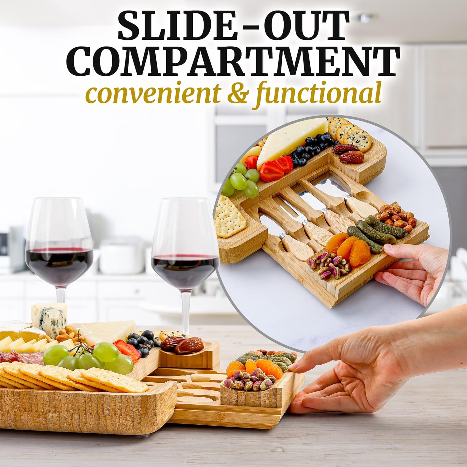 Zulay Kitchen Bamboo Cheese Board Set - Extra Thick Charcuterie Board with 4 Knives | Ideal for Wine & Cheese Gifts