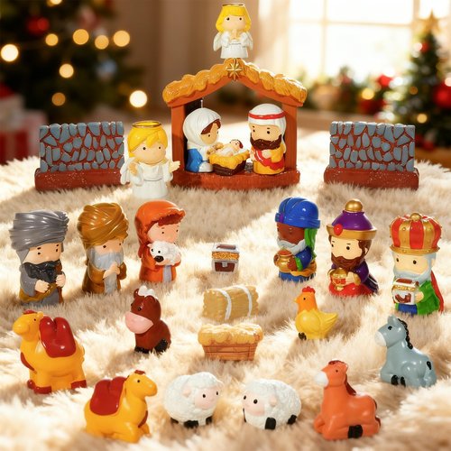 Furjane 24 Pcs Christmas Little Nativity Set Christmas Nativity Scene Resin Hand-Painted Nativity Set Figurines for Party Decorations Tabletop