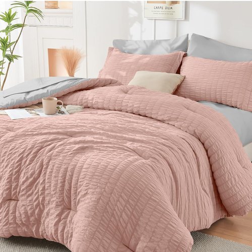 HYMOKEGE California King Comforter Set - Luxurious Rose Gold & Light Grey Seersucker | 7-Piece All-Season Bedding Set