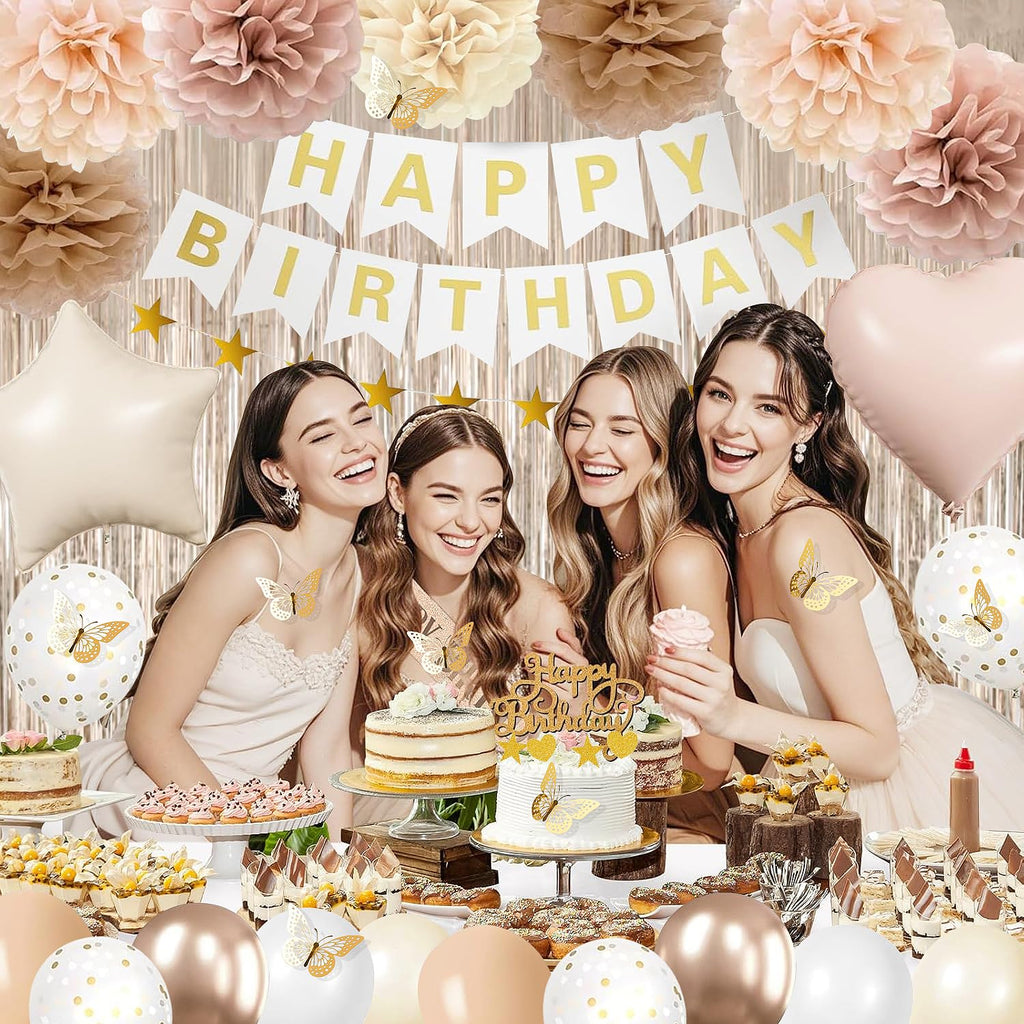 lambent Happy Birthday Decorations Kits for Women Girls,Champagne-Gold Beige Fall Boho Birthday Party Decorations with Foil Balloons,Birthday Banner,Star Banner,Fringe Curtain,Cake Topper