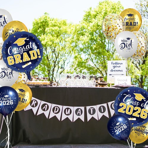 Graduation Balloons by [Brand Name] - Navy Blue & Gold 51-Piece Set with Confetti Ribbons | Perfect for 2026 Grad Party