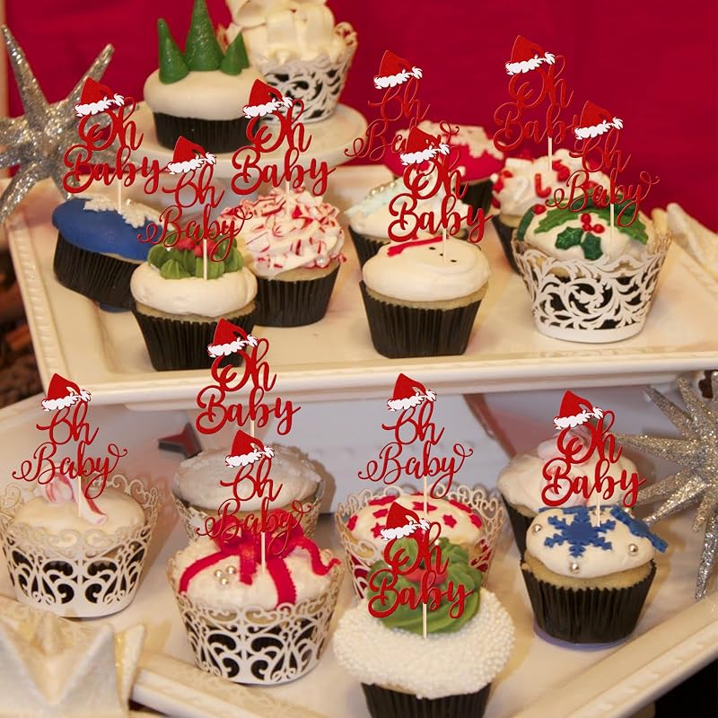 Oh Baby Cupcake Toppers 24 Pcs Red Glitter Santa Hat - Design 6 for Merry Christmas Baby Shower