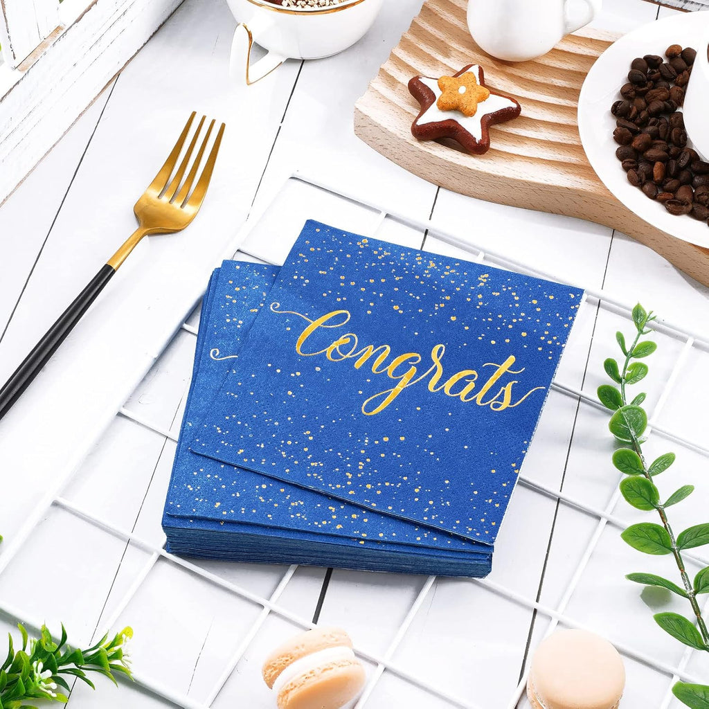 Whaline Graduation Cocktail Napkins - 80 Pack Blue & Gold Foil Congrats Design | Disposable Party Decor