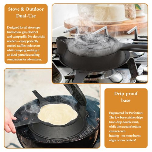 Cast Iron Waffle Maker Stove Top, American Waffle Maker Pre-Seasoned, Round waffle maker, PFOA free, 5-in-1 Shape Designs, Non-Coated Surface, Waffle iron for Camping Grill or Stove Top.