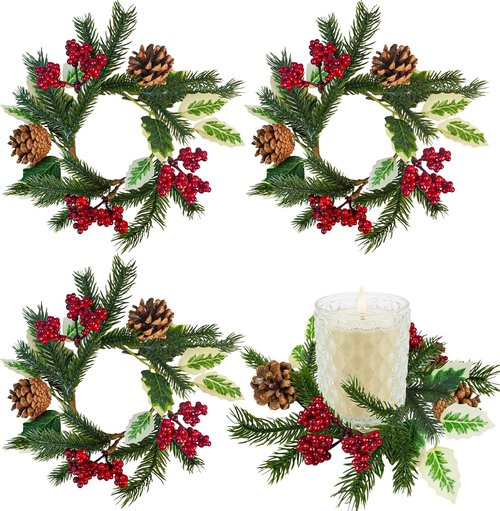 Caxchiling Mini Candle Wreaths - 4 Pcs with Pine Cones for Wedding & Home Decor | Versatile Table & Window Accent