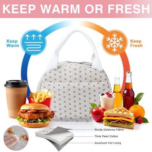 TESAFNG Lunch Bag - Insulated Lunch Box for Women, Reusable Large Capacity Cooler Bag for Adult, Small Leakproof Cute Corduroy Lunch Tote for Work Office Travel Picnic (Little Flower White)
