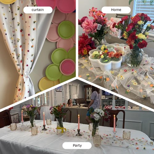 Champagne Embroidery Daisy Table Runner 10ft 120 Inch Fall Florals Gauze Tulle Sheer Cheesecloth Holiday Kitchen Dining Table Decoration for Home Wedding Party Baby Shower Birthday Decorations