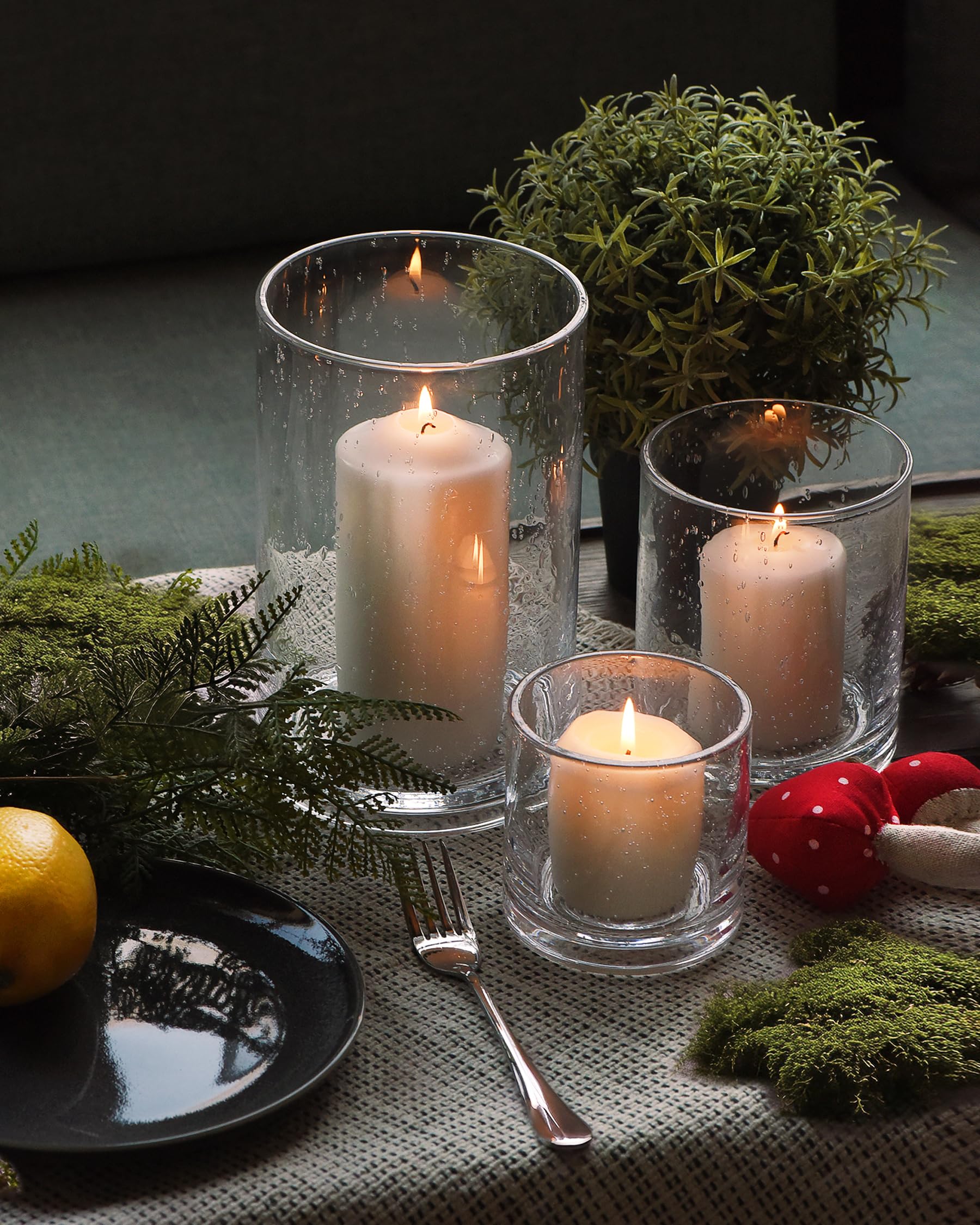 ARIAMOTION Glass Candle Holders Set, Hurricane Vase Centerpieces for Pillar Votive Flower,Clear Seeded Bubbles Cylinder Bulk, Mother's Day Birthday Gift,3 Sizes 8 Inch 5 Inch 3.5 Inch Height