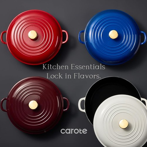 CAROTE Enameled Cast Iron Braiser Pan - 3.4QT Shallow Dutch Oven with Lid for Grilling & Baking | Non-Toxic White