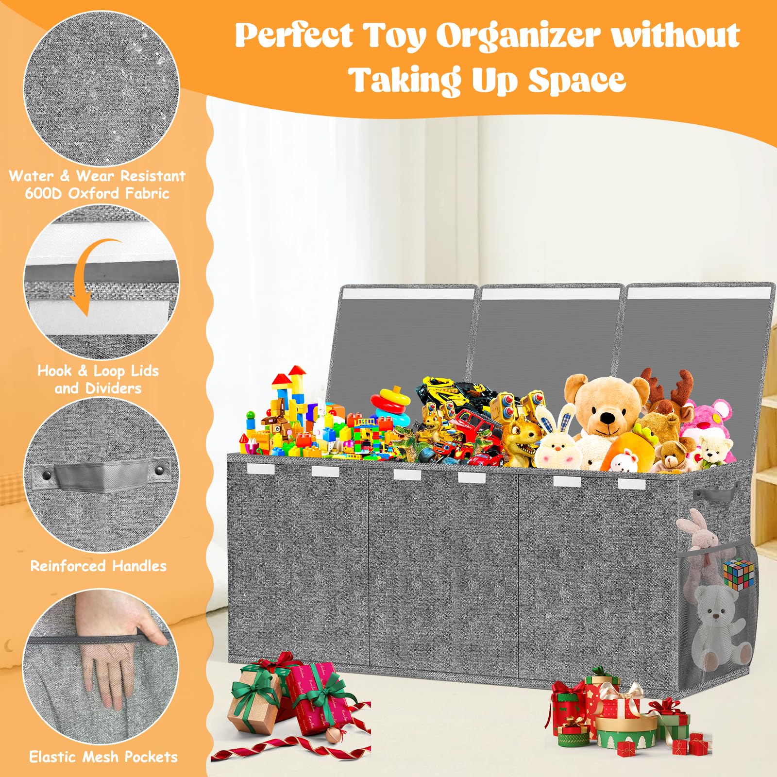 Beadsky Extra Large Toy Box, Toy Chest for Toddlers with Lids, Collapsible Toy Storage Organizer, Kids Bin Boxes Storage Basket for Boys, Girls, Nursery, Living Room, Playroom, 40"x14"x16", Gray
